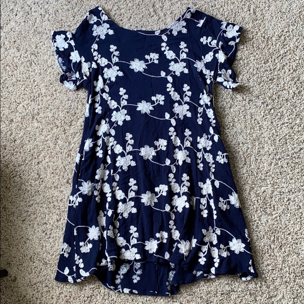 navy blue dress with white flowers